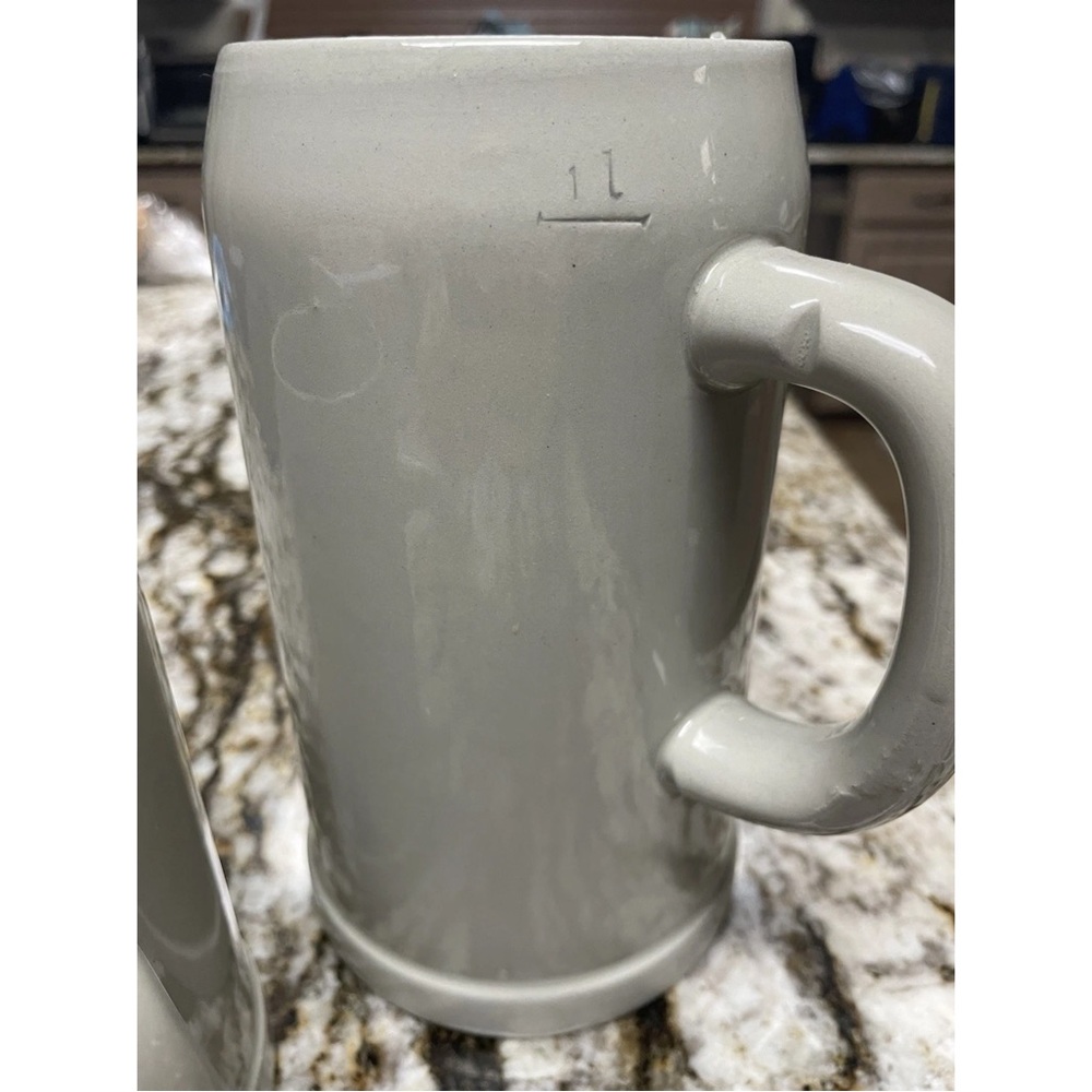Set of 2 Gerz Stoneware 1L & 0.5L Gray and Blue Lettering Beer Steins - Picture 7 of 11